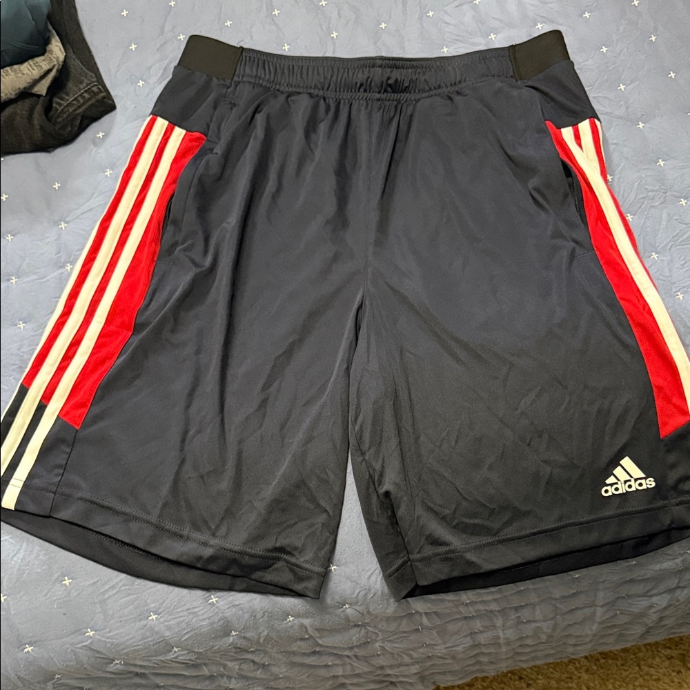 adidas Men’s Black Athletic Shorts with Red Panels- zipper pockets
